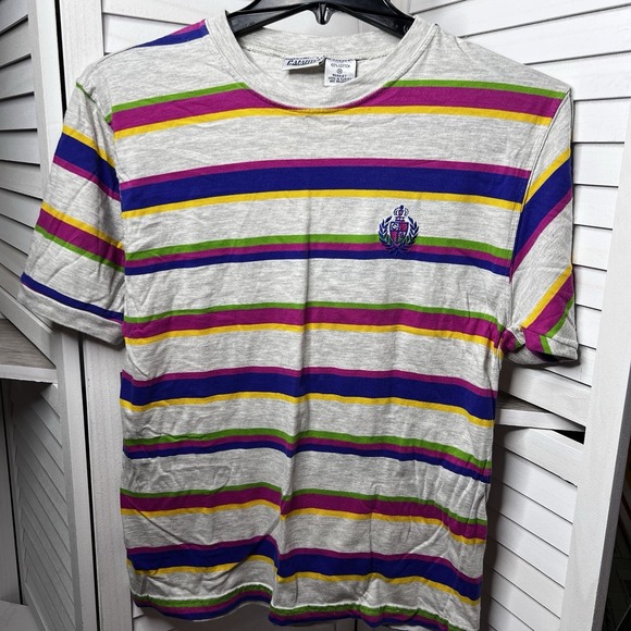 Vintage Capacity Knits Unisex Brightly Striped T-shirt w/ Embroidered Crest Sz M - Picture 1 of 5
